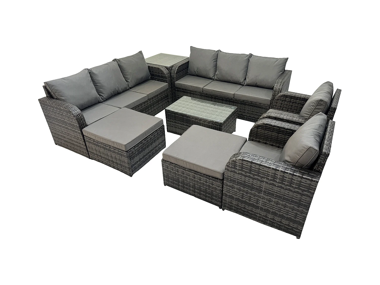 10-Sitzer Rattan Gartenmöbel Sofa Set Tisch & Stühle Set mit 3-Sitzer Sofa Liegestühle 2 hohen Hockern 3-Sitzer Sofa Beistelltisch Dunkelgrau Gemischt
