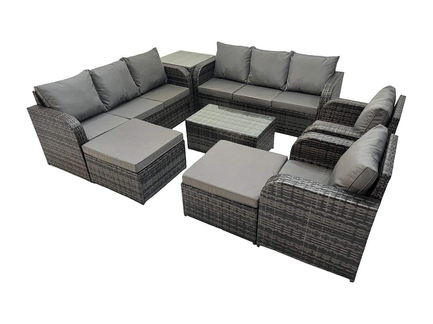 10-Sitzer Rattan Gartenmöbel Sofa Set Tisch & Stühle Set mit 3-Sitzer Sofa Liegestühle 2 hohen Hockern 3-Sitzer Sofa Beistelltisch Dunkelgrau Gemischt
