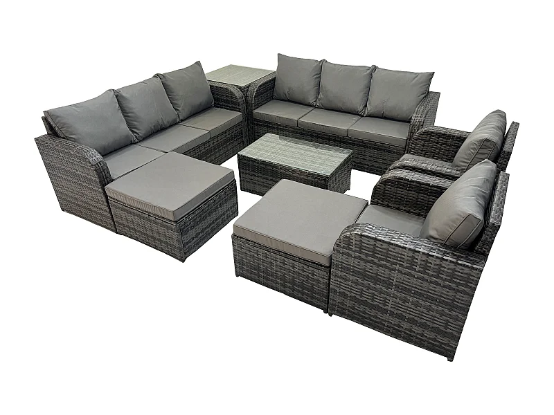 10-Sitzer Rattan Gartenmöbel Sofa Set Tisch & Stühle Set mit 3-Sitzer Sofa Liegestühle 2 hohen Hockern 3-Sitzer Sofa Beistelltisch Dunkelgrau Gemischt
