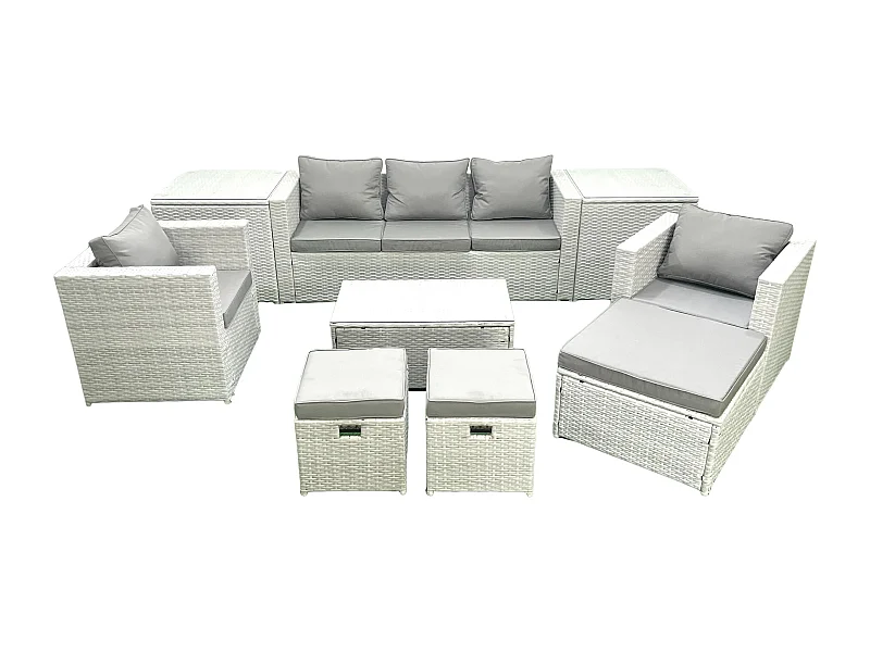 Polyrattan Sitzgruppe mit Rechteckiger Couchtisch 2 Sesseln 3 Fußhockern 2 Beistelltischen Hellgrau gemischt
