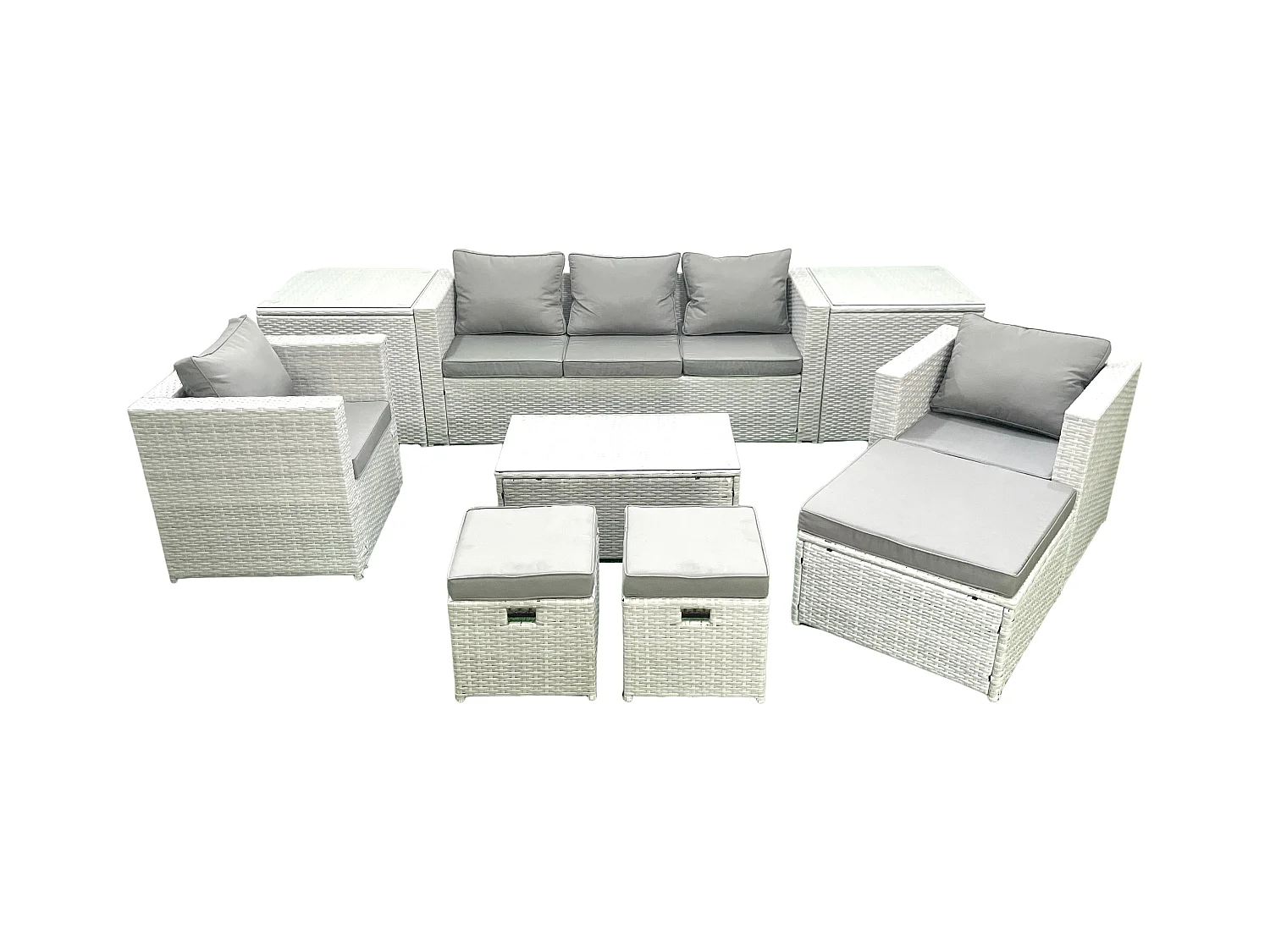 Polyrattan Sitzgruppe mit Rechteckiger Couchtisch 2 Sesseln 3 Fußhockern 2 Beistelltischen Hellgrau gemischt