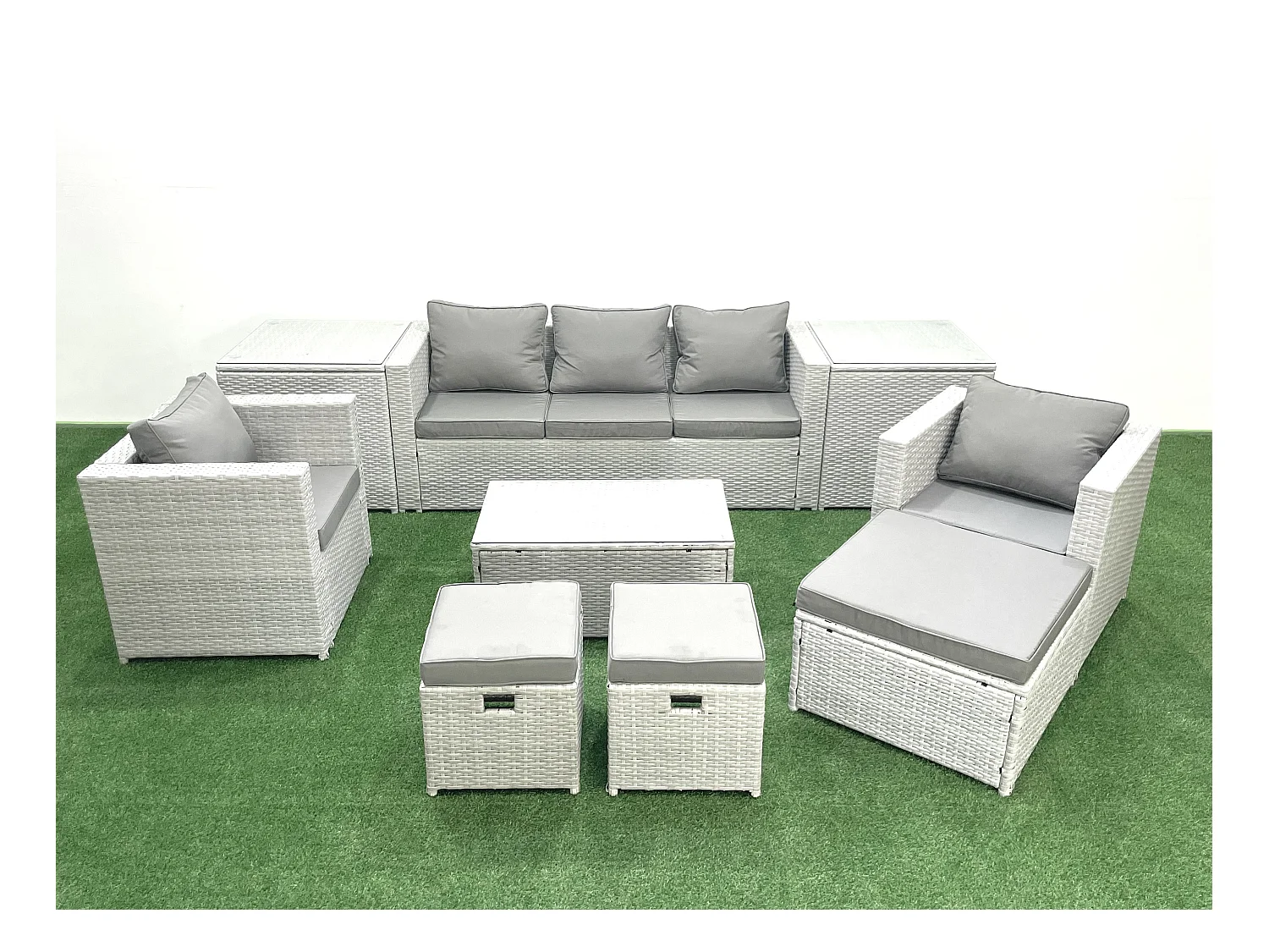 Polyrattan Sitzgruppe mit Rechteckiger Couchtisch 2 Sesseln 3 Fußhockern 2 Beistelltischen Hellgrau gemischt
