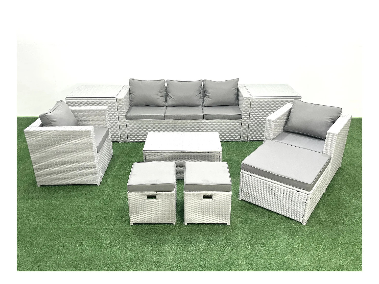 Polyrattan Sitzgruppe mit Rechteckiger Couchtisch 2 Sesseln 3 Fußhockern 2 Beistelltischen Hellgrau gemischt