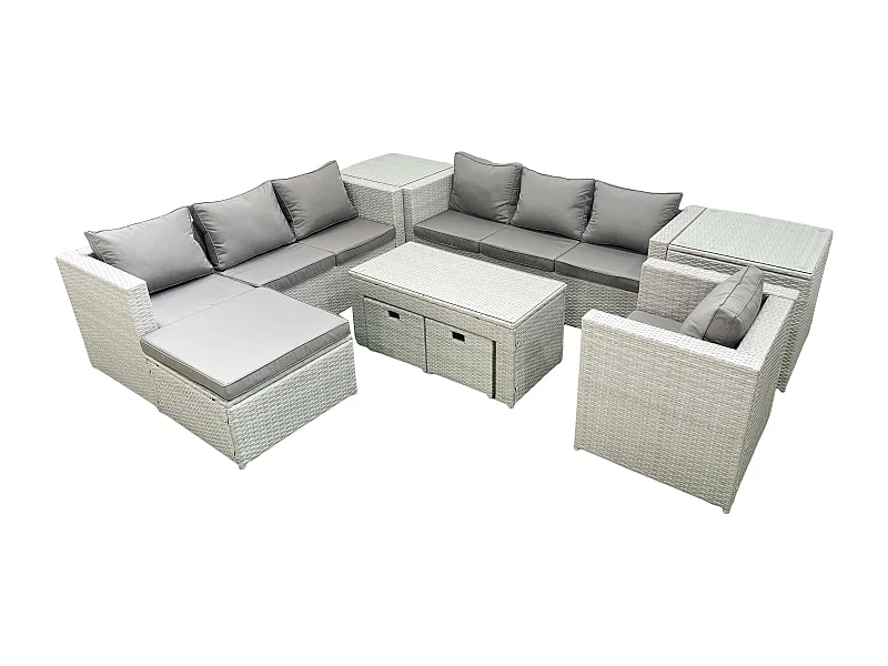 Meubles d'extérieur en rotin avec Table basse oblongue Fauteuil 3 Tabourets 2 Tables d'appoint Gris clair mixte