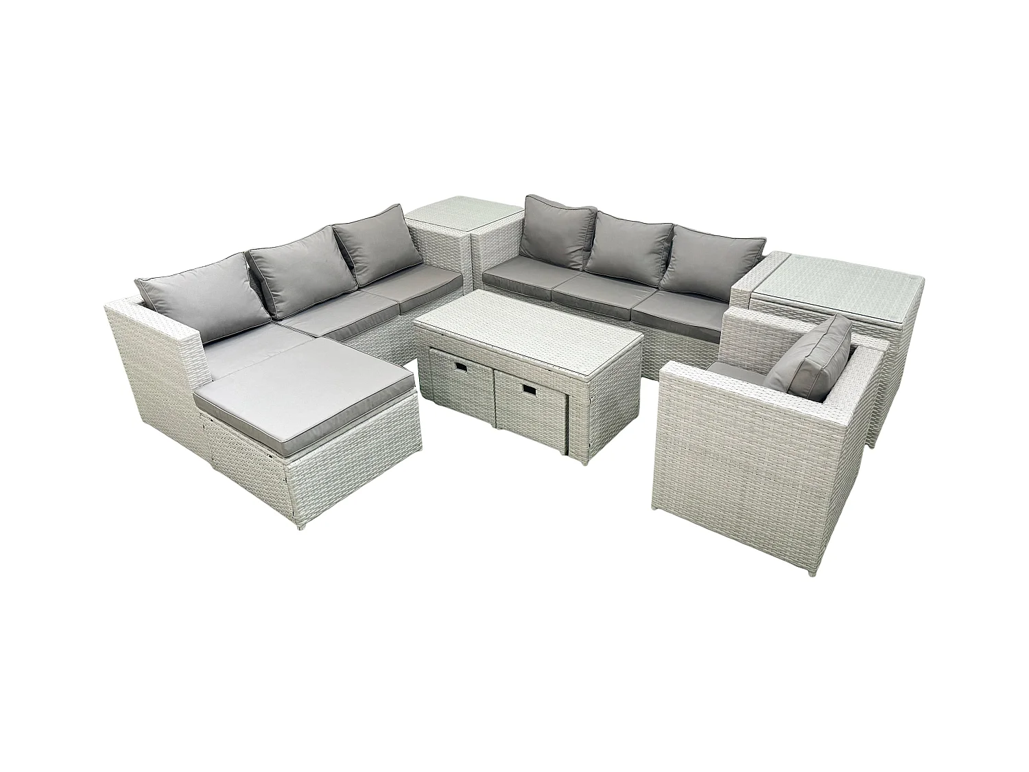 Meubles d'extérieur en rotin avec Table basse oblongue Fauteuil 3 Tabourets 2 Tables d'appoint Gris clair mixte