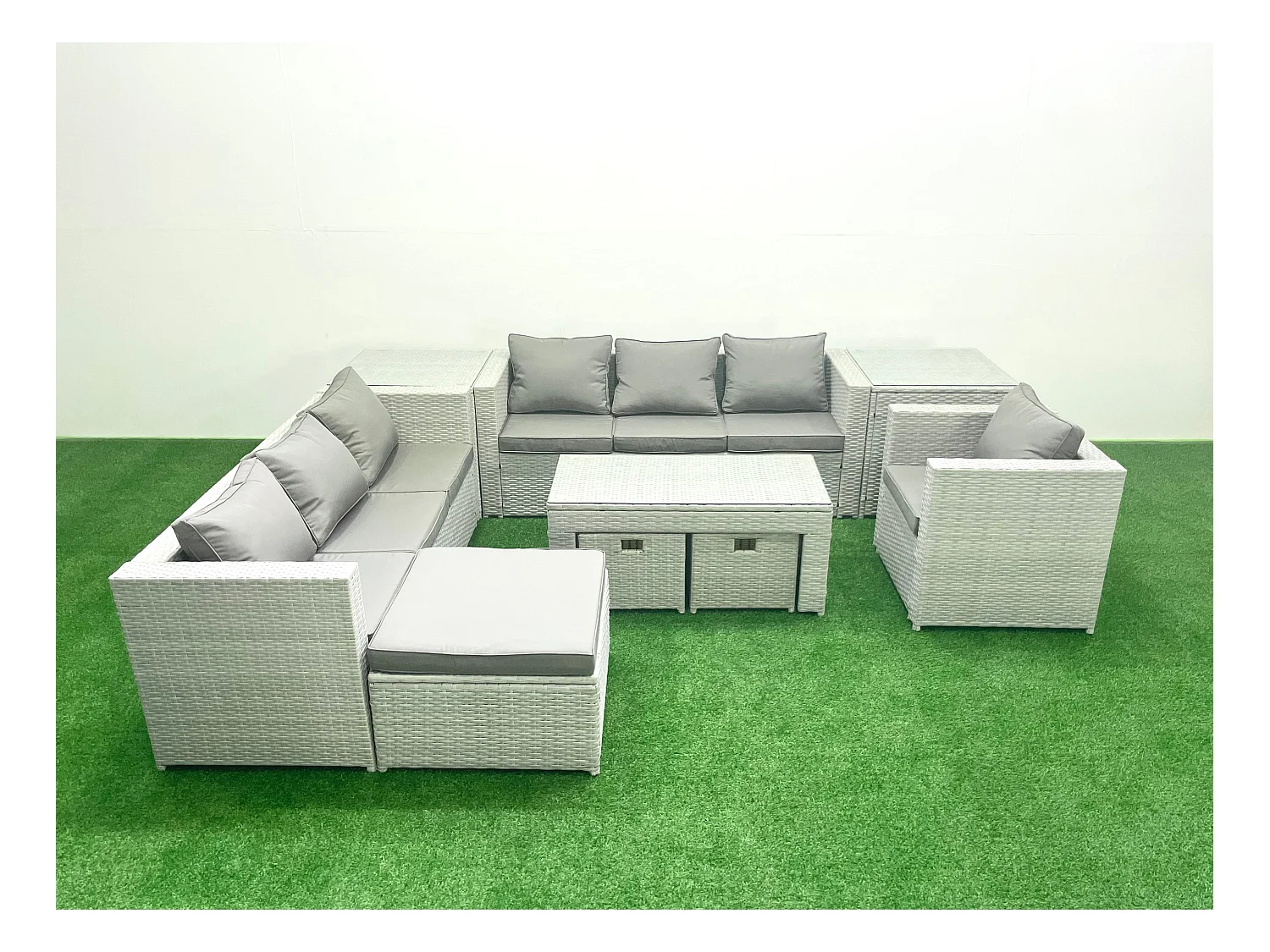 Meubles d'extérieur en rotin avec Table basse oblongue Fauteuil 3 Tabourets 2 Tables d'appoint Gris clair mixte