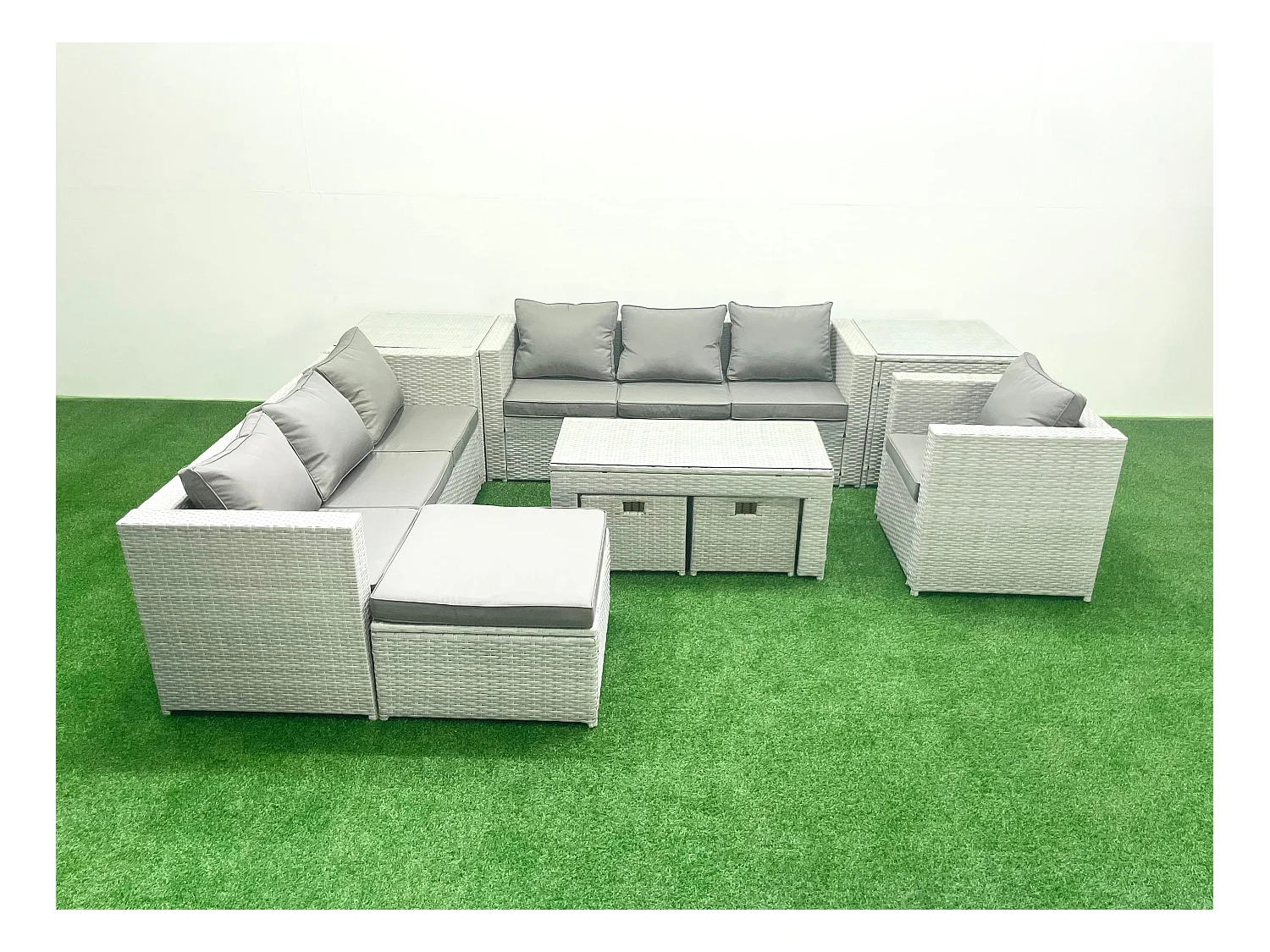 Meubles d'extérieur en rotin avec Table basse oblongue Fauteuil 3 Tabourets 2 Tables d'appoint Gris clair mixte