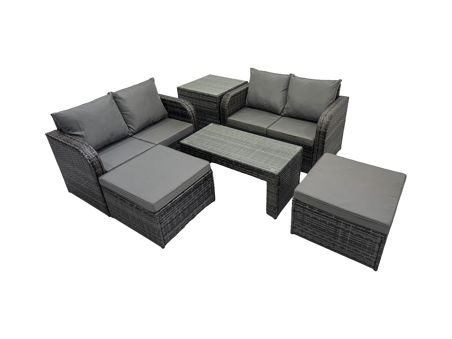 Hoher Rücken Rattan Gartenmöbel Sets mit Rechteckiger Couchtisch Liegestühle Love Sofa 2 hohen Hockern Beistelltisch