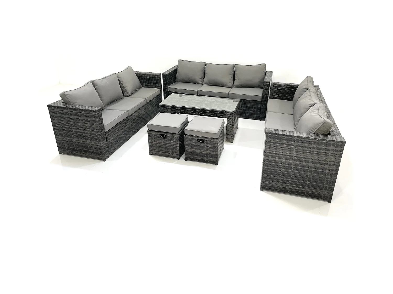 Ensemble de meubles de jardin en polyrotin 11 places avec Table basse carrée 2 Petits tabourets Gris foncé mixte