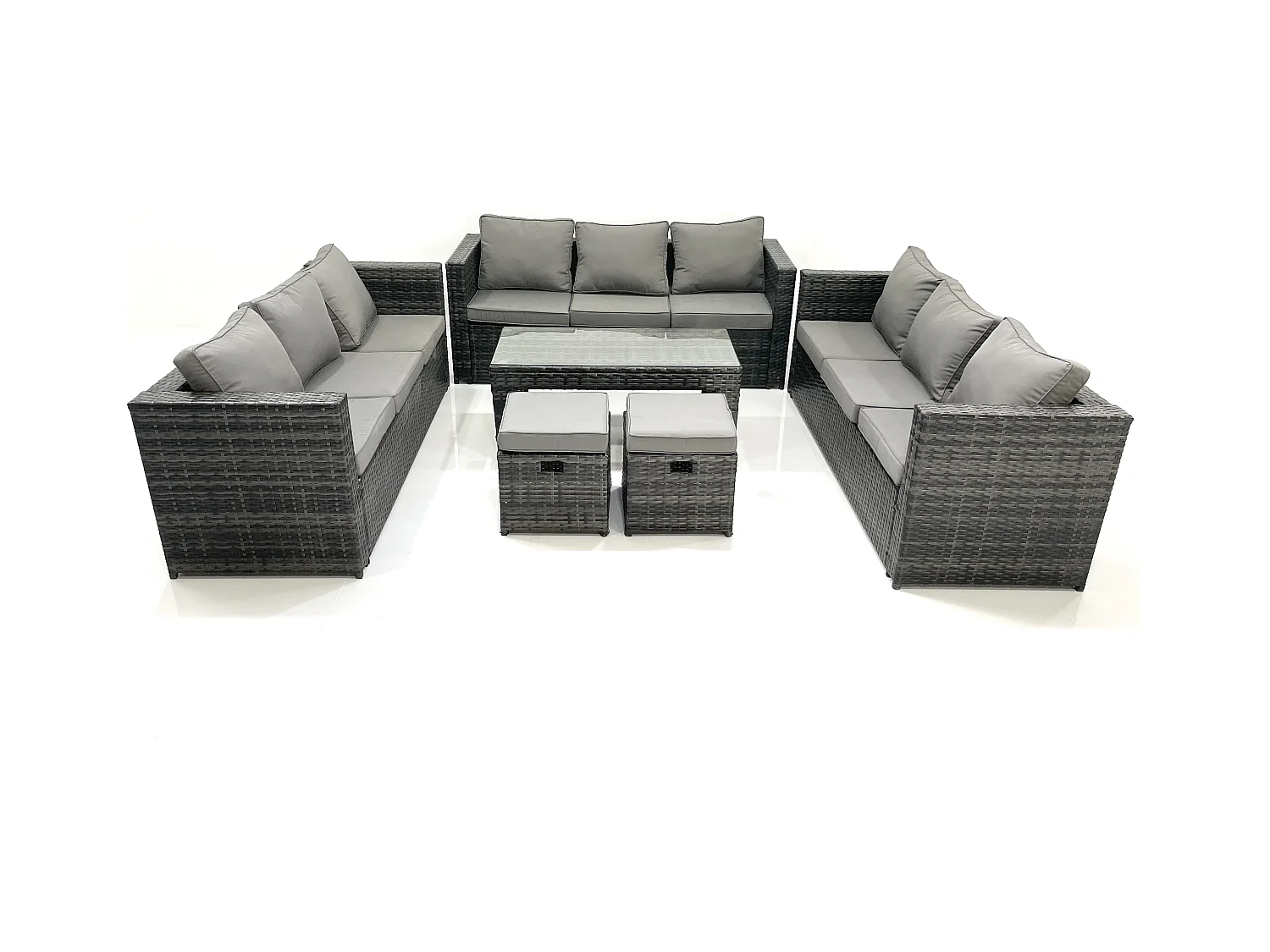 Ensemble de meubles de jardin en polyrotin 11 places avec Table basse carrée 2 Petits tabourets Gris foncé mixte