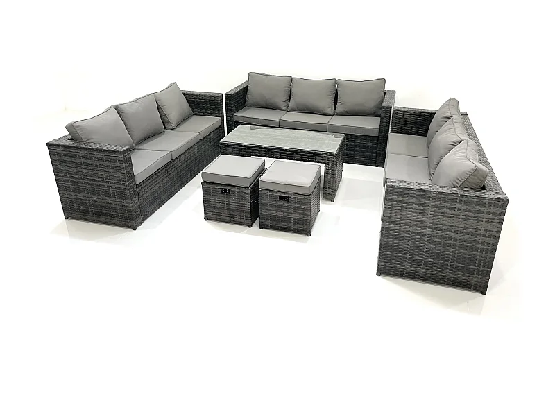 Gartenmöbel-Set 11-Sitzer Polyrattan Sofa Set mit Couchtisch 2 kleine Fußhockern Dunkelgrau Gemischt