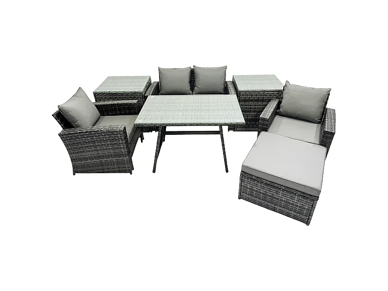 5-Sitzer Rattan Gartenmöbel im Freien Sofa Set mit 2 Beistelltischs 2 Großer Hockern Dunkelgrau Gemischt