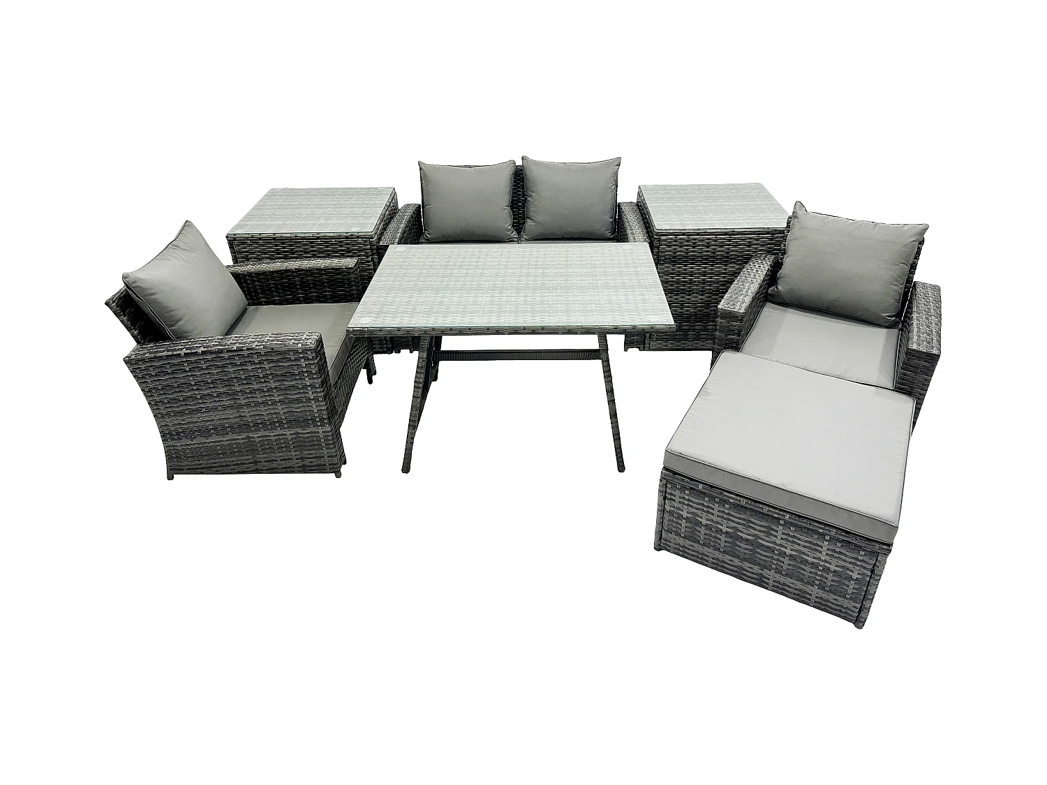 5 places Ensemble de canapé en rotin extérieur avec Table à manger 2 Tables d'appoint Grand tabouret Gris foncé mixte