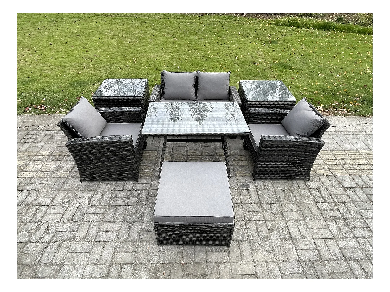 5 places Ensemble de canapé en rotin extérieur avec Table à manger 2 Tables d'appoint Grand tabouret Gris foncé mixte