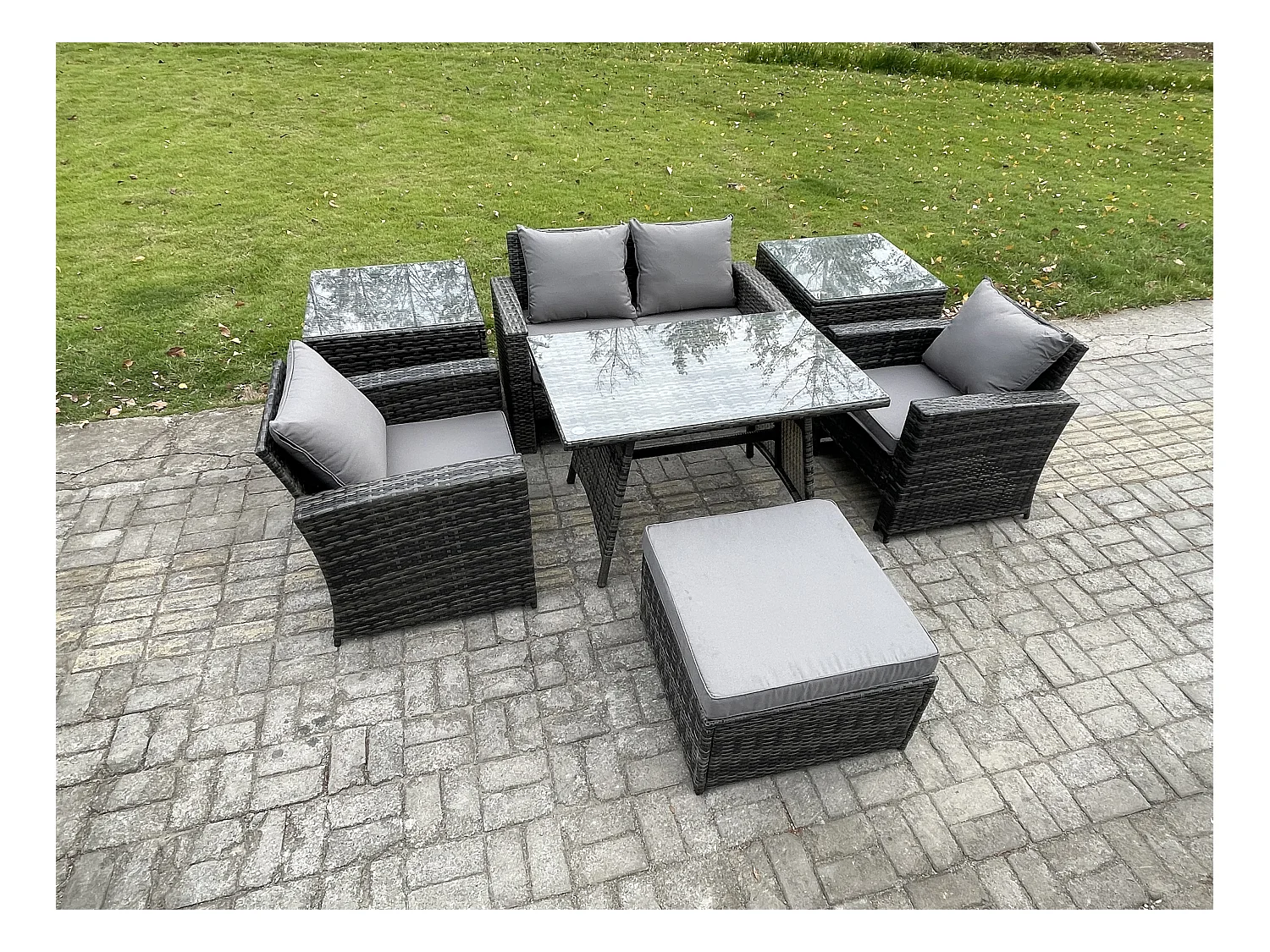 5 places Ensemble de canapé en rotin extérieur avec Table à manger 2 Tables d'appoint Grand tabouret Gris foncé mixte