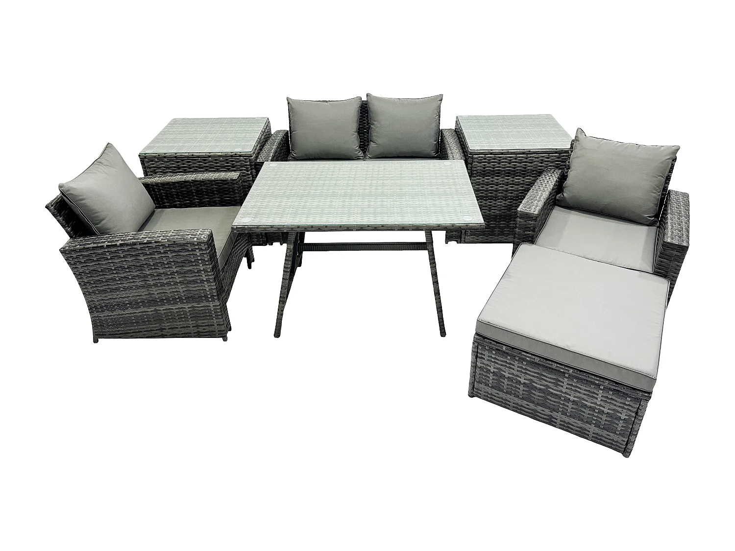 5 places Ensemble de canapé en rotin extérieur avec Table à manger 2 Tables d'appoint Grand tabouret Gris foncé mixte