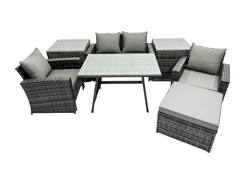 5 places Ensemble de canapé en rotin extérieur avec Table à manger 2 Tables d'appoint Grand tabouret Gris foncé mixte