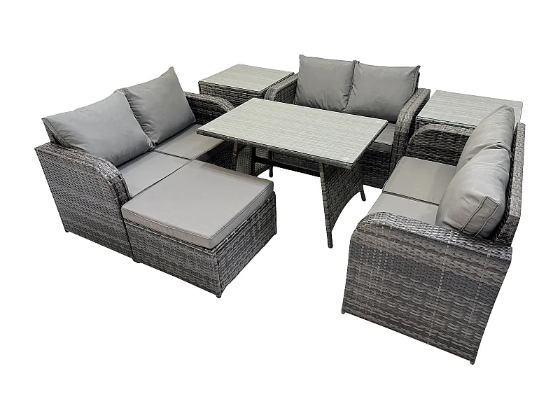 Polyrattan Gartenmöbel Set 7-Sitzer Gartensofa Set mit Rechteckiger Esstisch 2 Beistelltischen 2 Großer Hockern Dunkelgrau Gemischt
