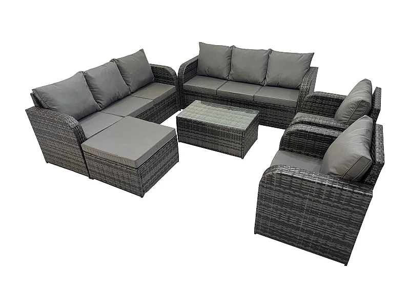 Rattan Gartenmöbel Sofa Set Tisch & Stühle Set mit 3-Sitzer Sofa Liegestühle 2 Großer Hockern Dunkelgrau Gemischt