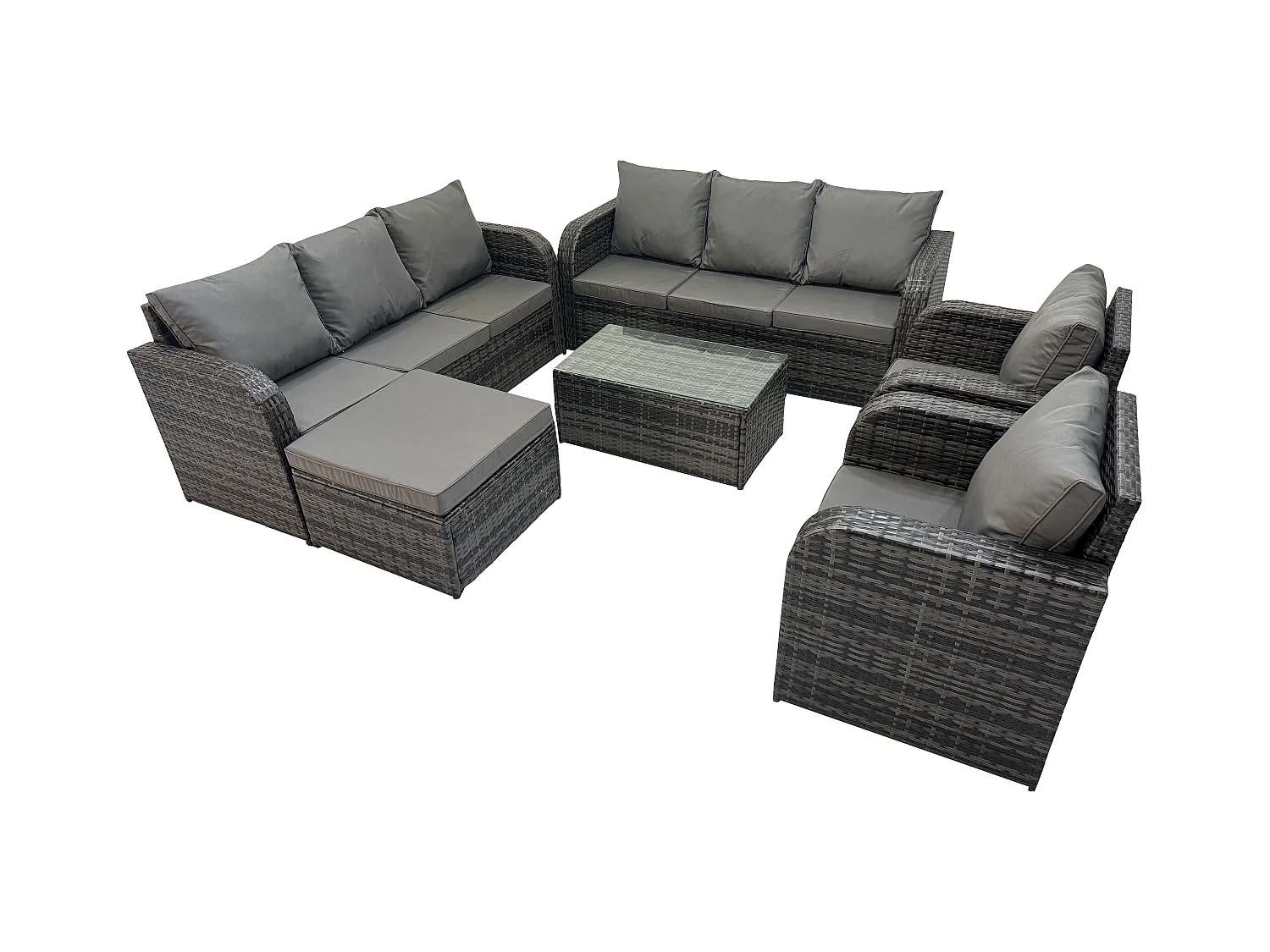 Rattan Gartenmöbel Sofa Set Tisch & Stühle Set mit 3-Sitzer Sofa Liegestühle 2 Großer Hockern Dunkelgrau Gemischt