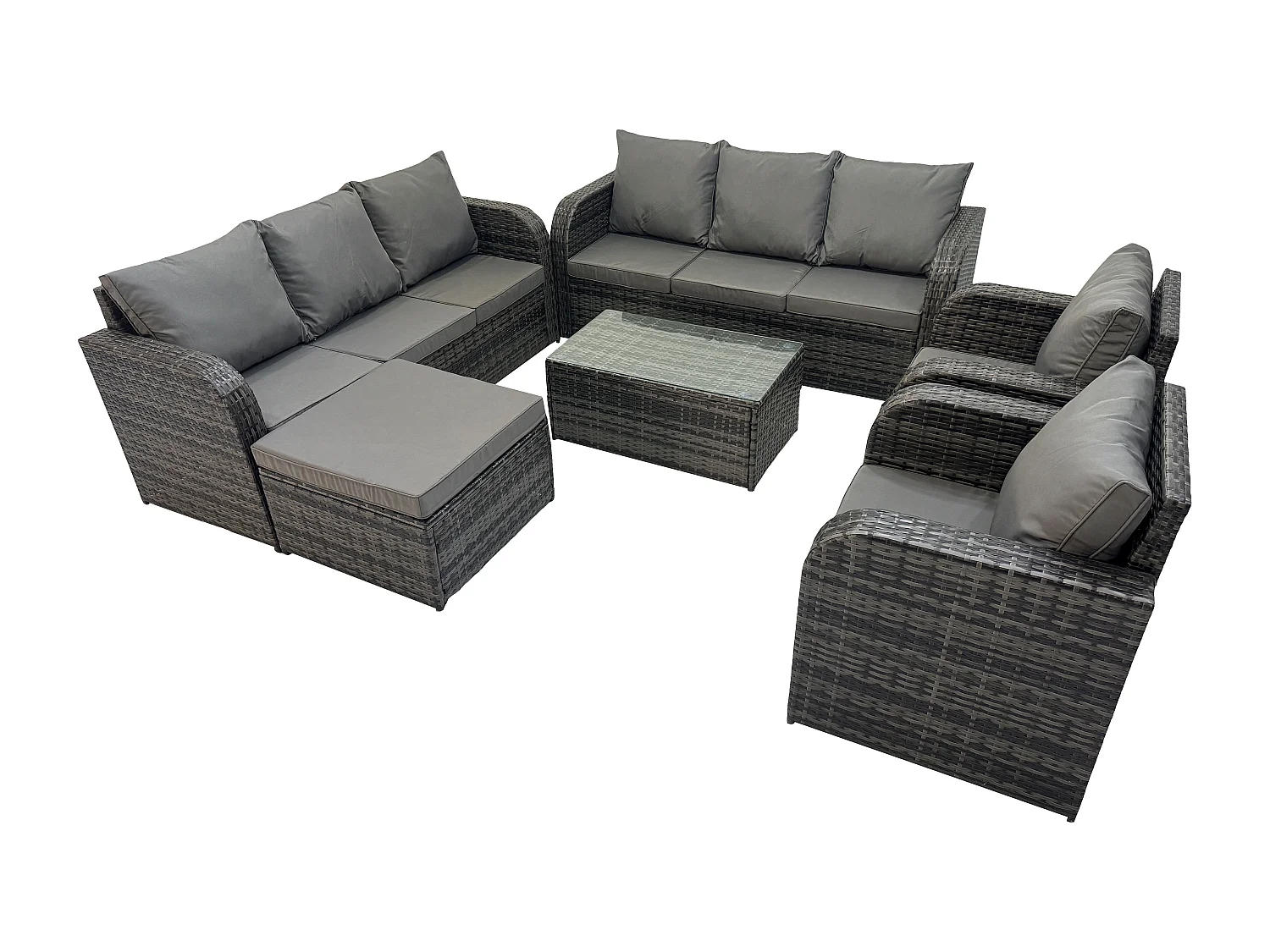 Rattan Gartenmöbel Sofa Set Tisch & Stühle Set mit 3-Sitzer Sofa Liegestühle 2 Großer Hockern Dunkelgrau Gemischt