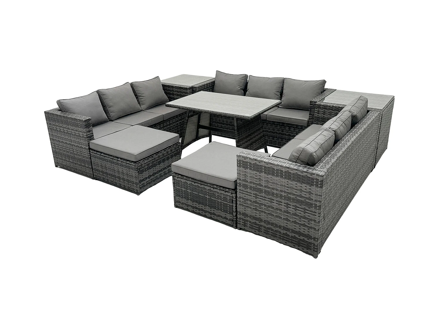 11 places Ensembles de salons de jardin avec Table à manger 2 Tables d'appoint 2 Grand tabourets Gris foncé mixte