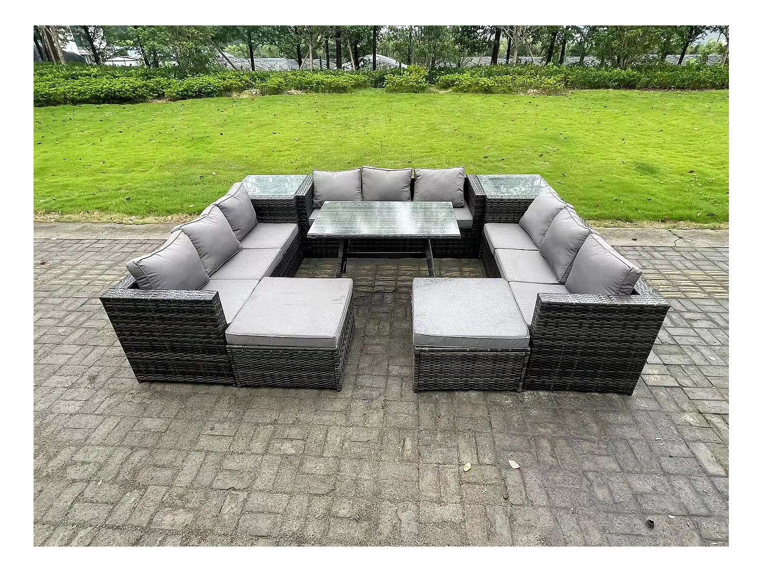 11 places Ensembles de salons de jardin avec Table à manger 2 Tables d'appoint 2 Grand tabourets Gris foncé mixte