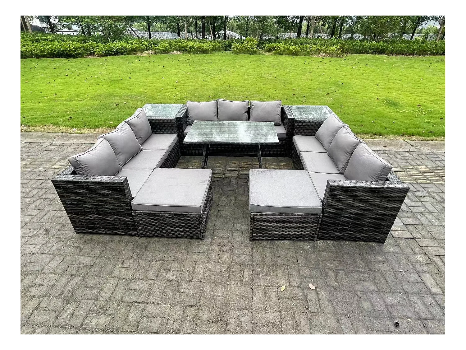 11 places Ensembles de salons de jardin avec Table à manger 2 Tables d'appoint 2 Grand tabourets Gris foncé mixte