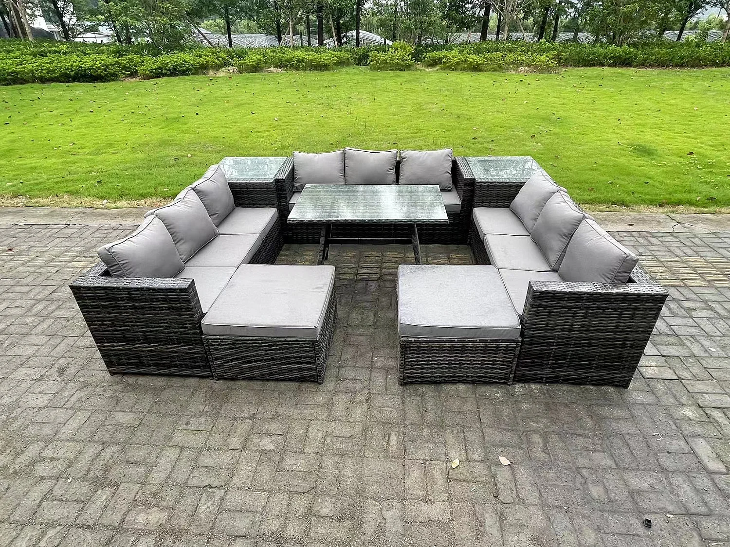11 places Ensembles de salons de jardin avec Table à manger 2 Tables d'appoint 2 Grand tabourets Gris foncé mixte