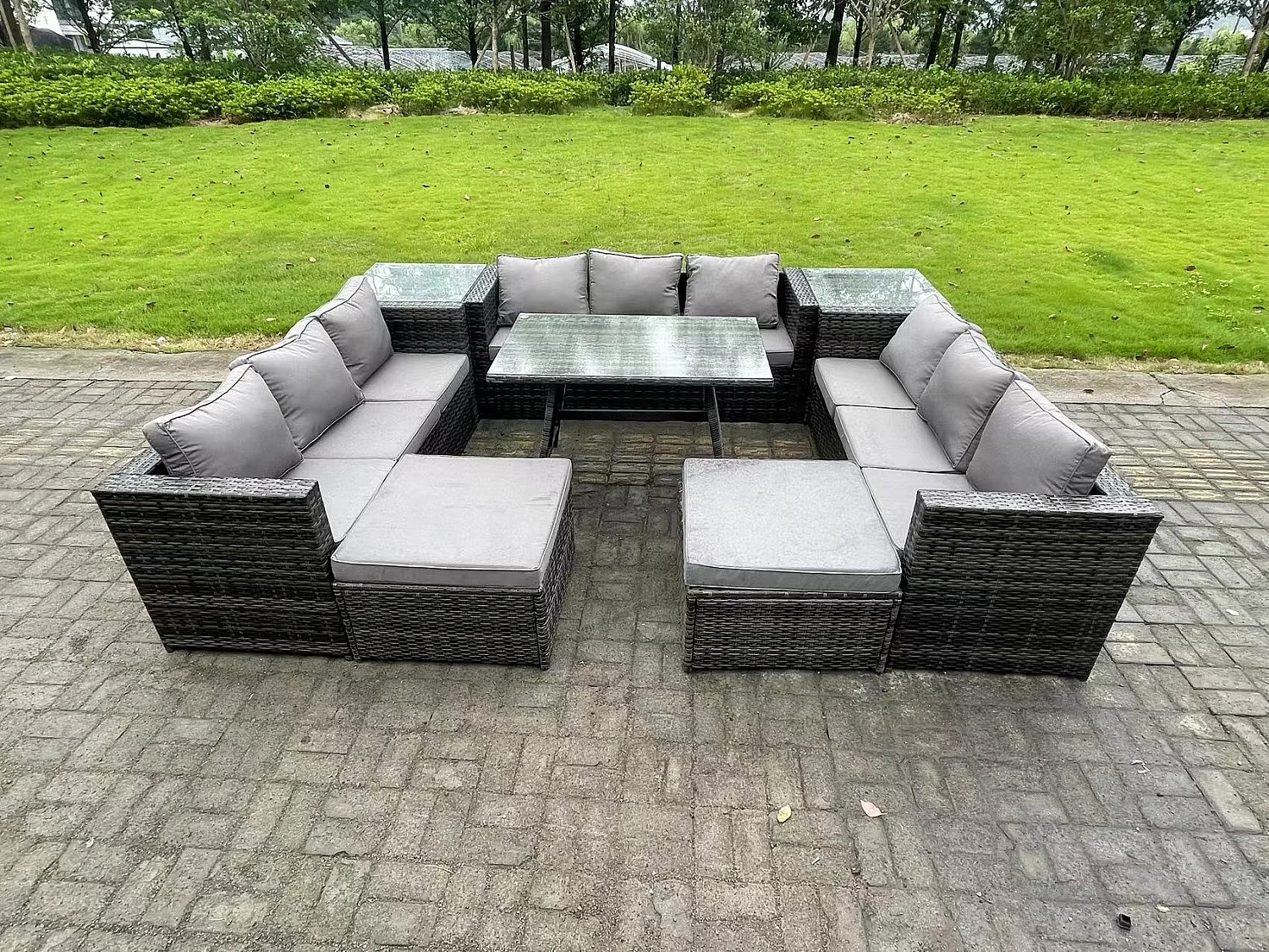 11 places Ensembles de salons de jardin avec Table à manger 2 Tables d'appoint 2 Grand tabourets Gris foncé mixte