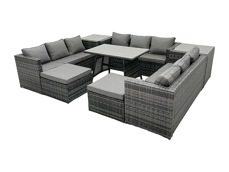 11 places Ensembles de salons de jardin avec Table à manger 2 Tables d'appoint 2 Grand tabourets Gris foncé mixte