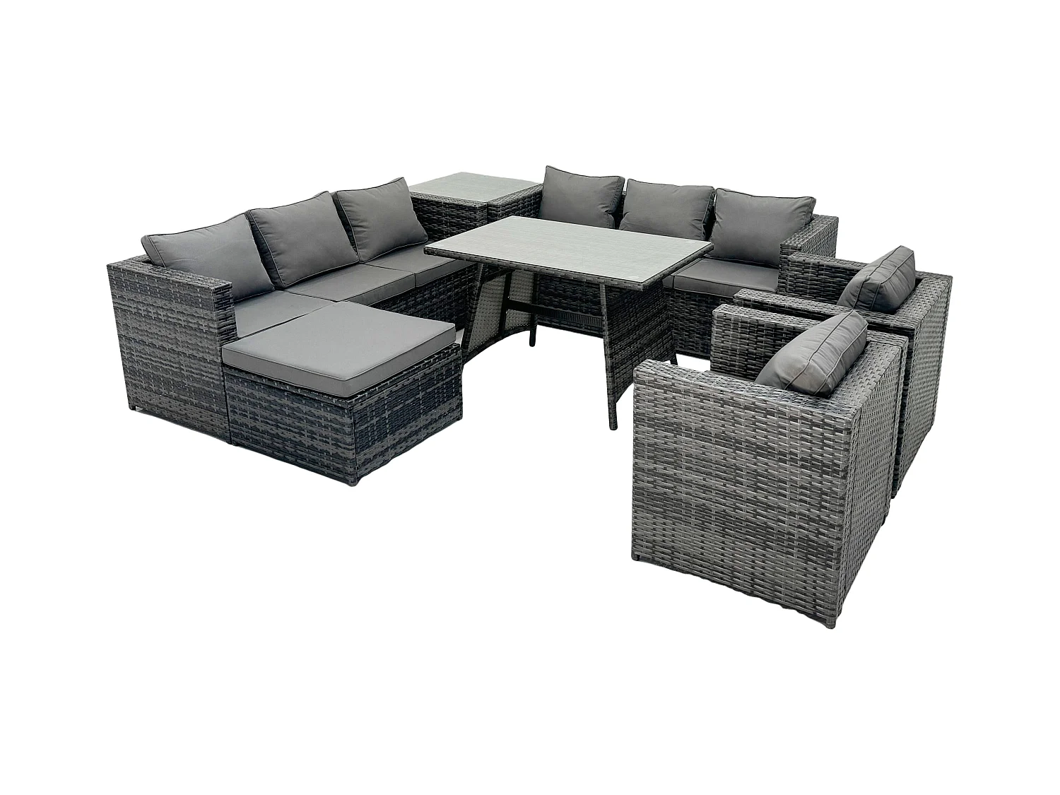 9-Sitzer Polyrattan Gartenmöbel Set im Balkon Lounge Sofa Garten Esstisch Set mit 2 Sesseln Beistelltischen 2 Großer Hockern Dunkelgrau Gemischt