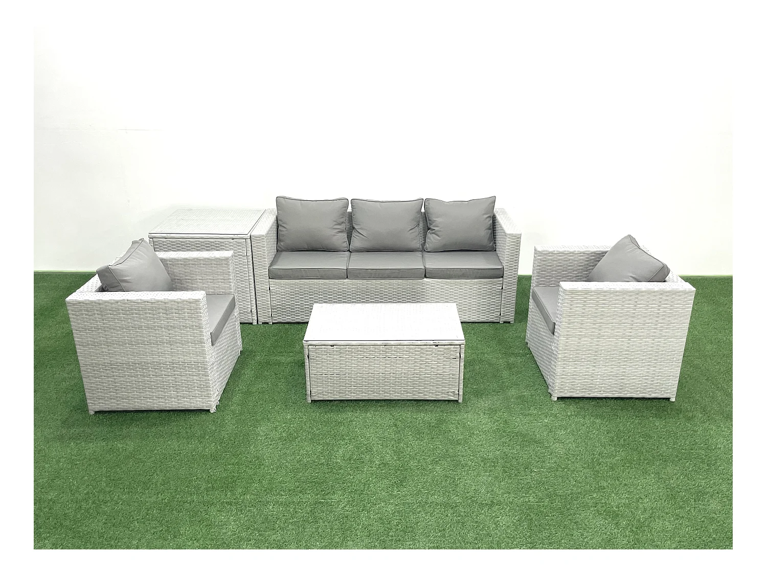 Polyrattan Gartenmöbel Set mit 3-Sitzer Sofa 2 Sesseln Rechteckiger Couchtisch Beistelltisch Hellgrau gemischt 5-Sitzer