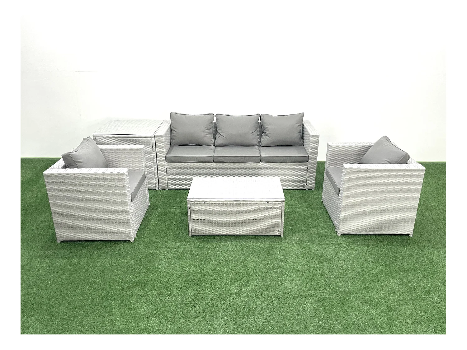 Polyrattan Gartenmöbel Set mit 3-Sitzer Sofa 2 Sesseln Rechteckiger Couchtisch Beistelltisch Hellgrau gemischt 5-Sitzer