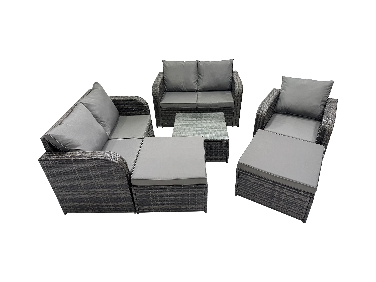 7 places Dossier haut Salon de jardin avec Table basse carrée 2 Grand tabourets Canapé d'amour Ensemble de canapés en rotin Gris foncé mixte