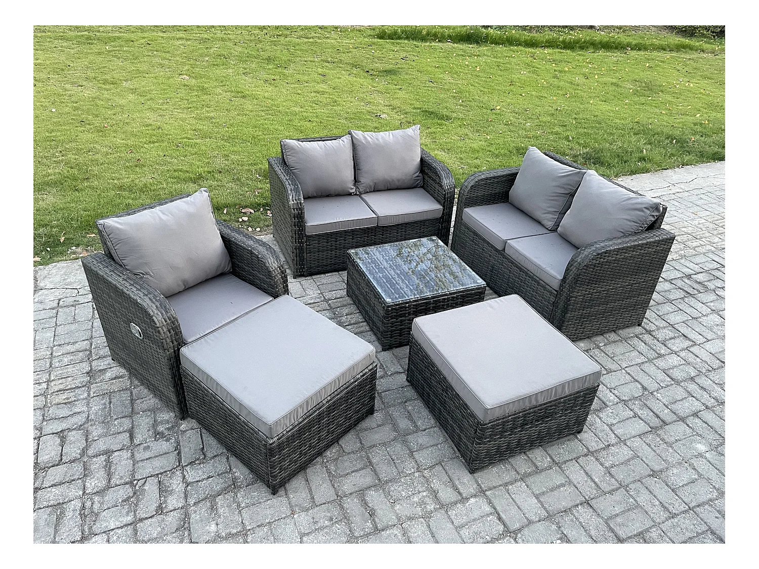 7 places Dossier haut Salon de jardin avec Table basse carrée 2 Grand tabourets Canapé d'amour Ensemble de canapés en rotin Gris foncé mixte