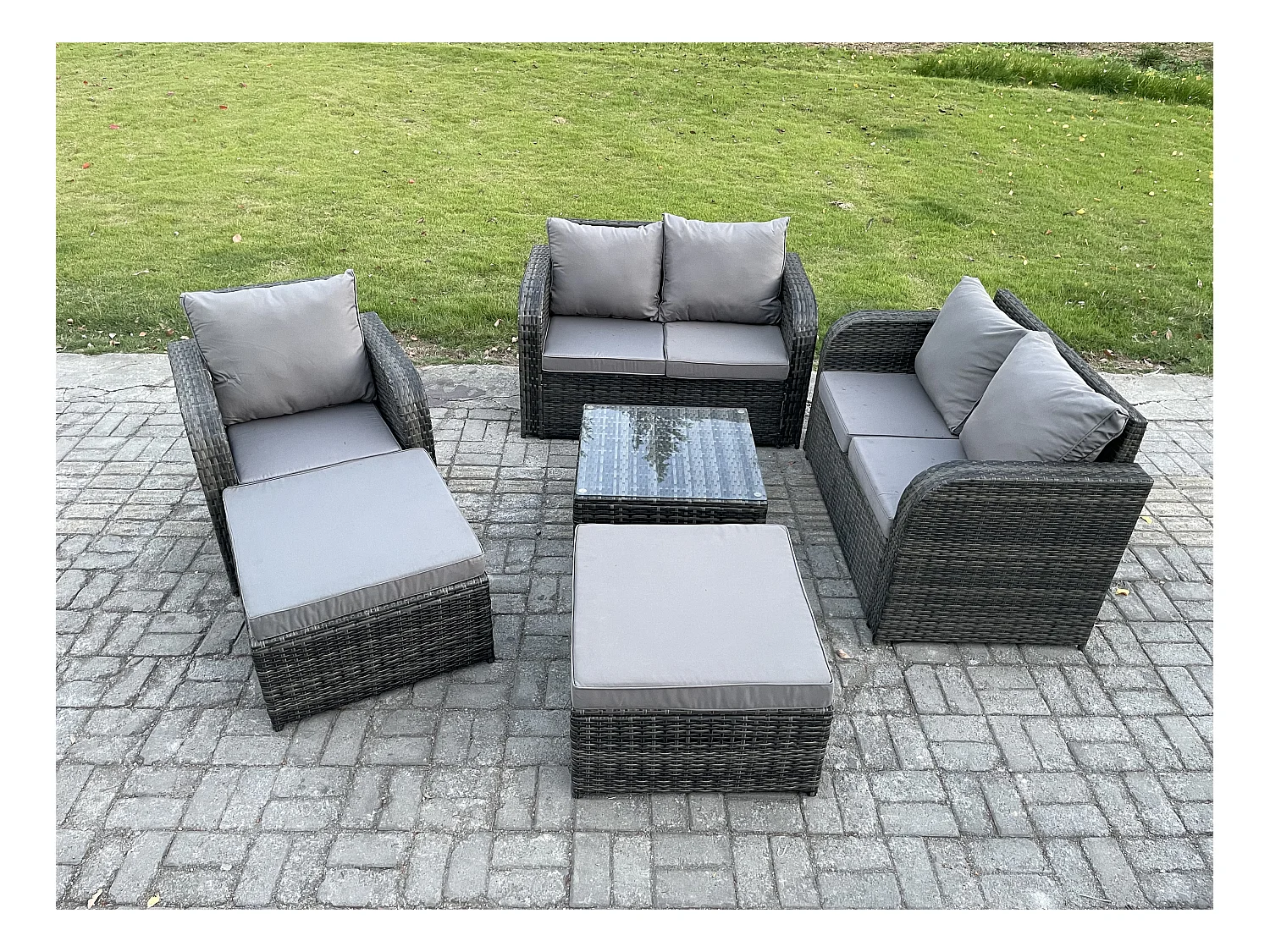 7 places Dossier haut Salon de jardin avec Table basse carrée 2 Grand tabourets Canapé d'amour Ensemble de canapés en rotin Gris foncé mixte