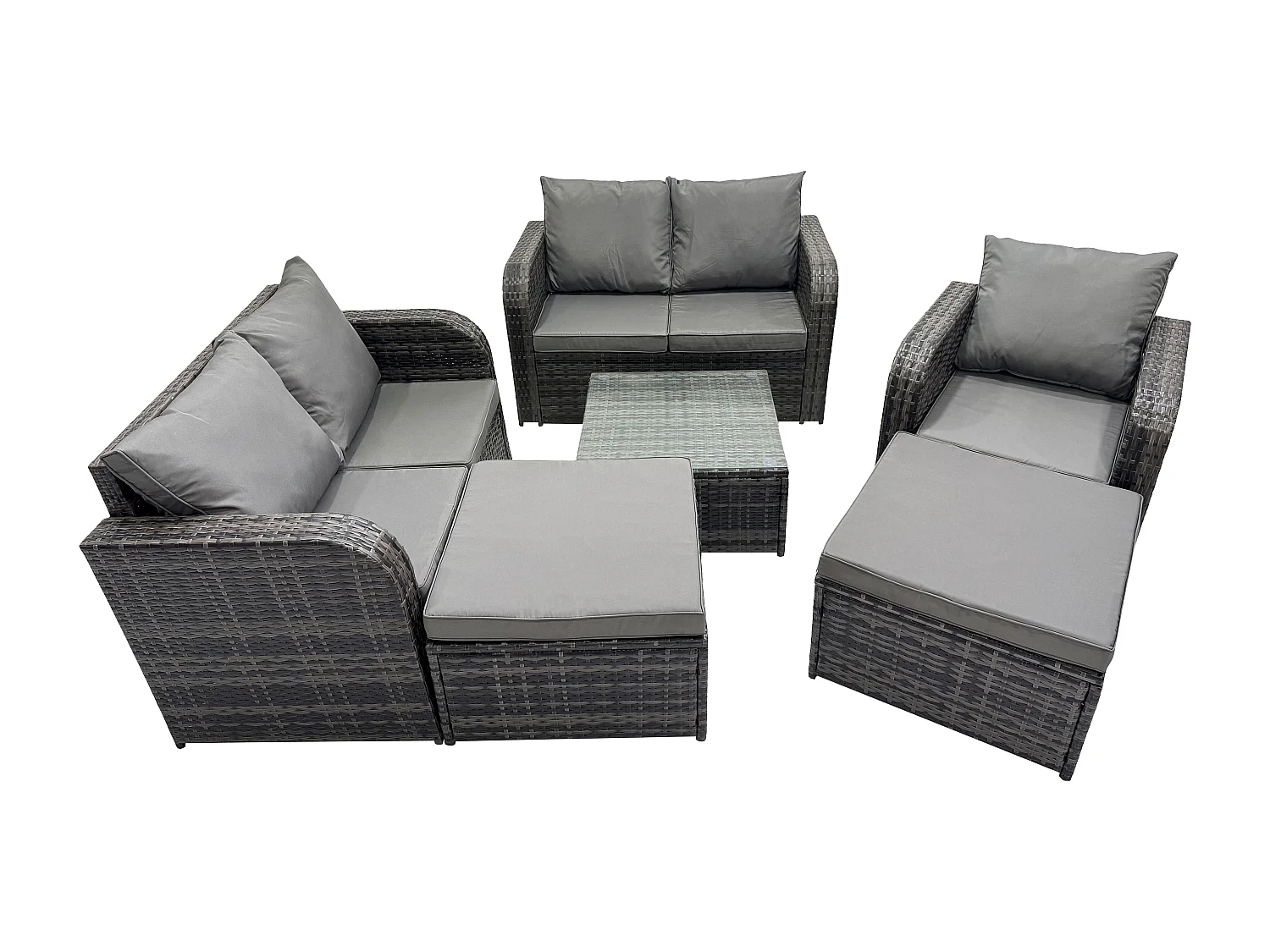 7-Sitzer Hoher Rücken Polyrattan Gartenmöbel Set mit Quadratischer Couchtisch 2 hohen Hockern Love Sofa Garten Lounge Set Dunkelgrau Gemischt