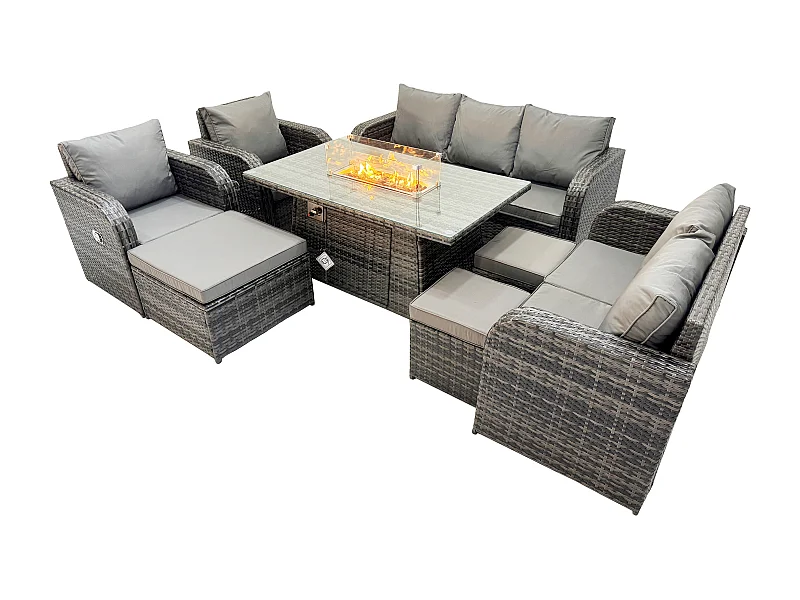 10-Sitzer Polyrattan Gartenmöbelset Gasfeuerstelle Esstisch und Sofa Sessel set mit 3 Hockern