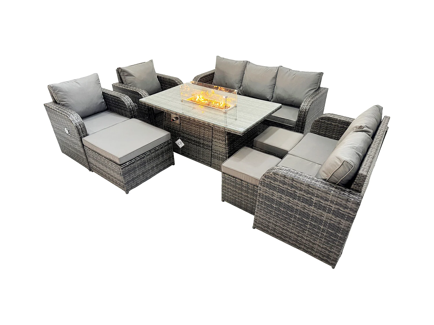 10-Sitzer Polyrattan Gartenmöbelset Gasfeuerstelle Esstisch und Sofa Sessel set mit 3 Hockern