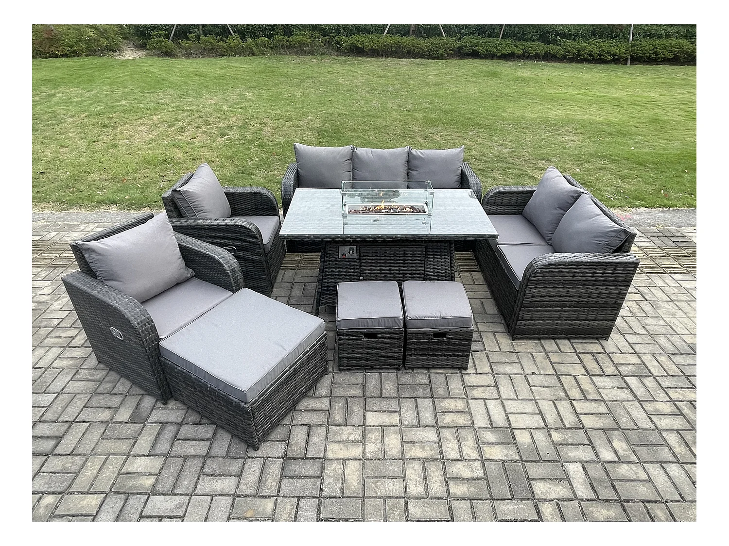 10-Sitzer Polyrattan Gartenmöbelset Gasfeuerstelle Esstisch und Sofa Sessel set mit 3 Hockern