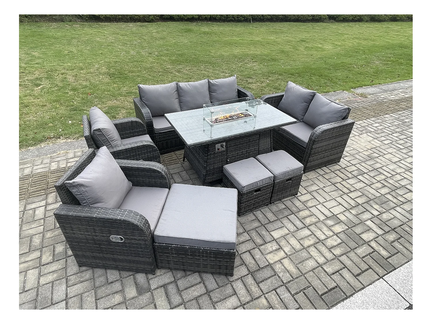 10-Sitzer Polyrattan Gartenmöbelset Gasfeuerstelle Esstisch und Sofa Sessel set mit 3 Hockern