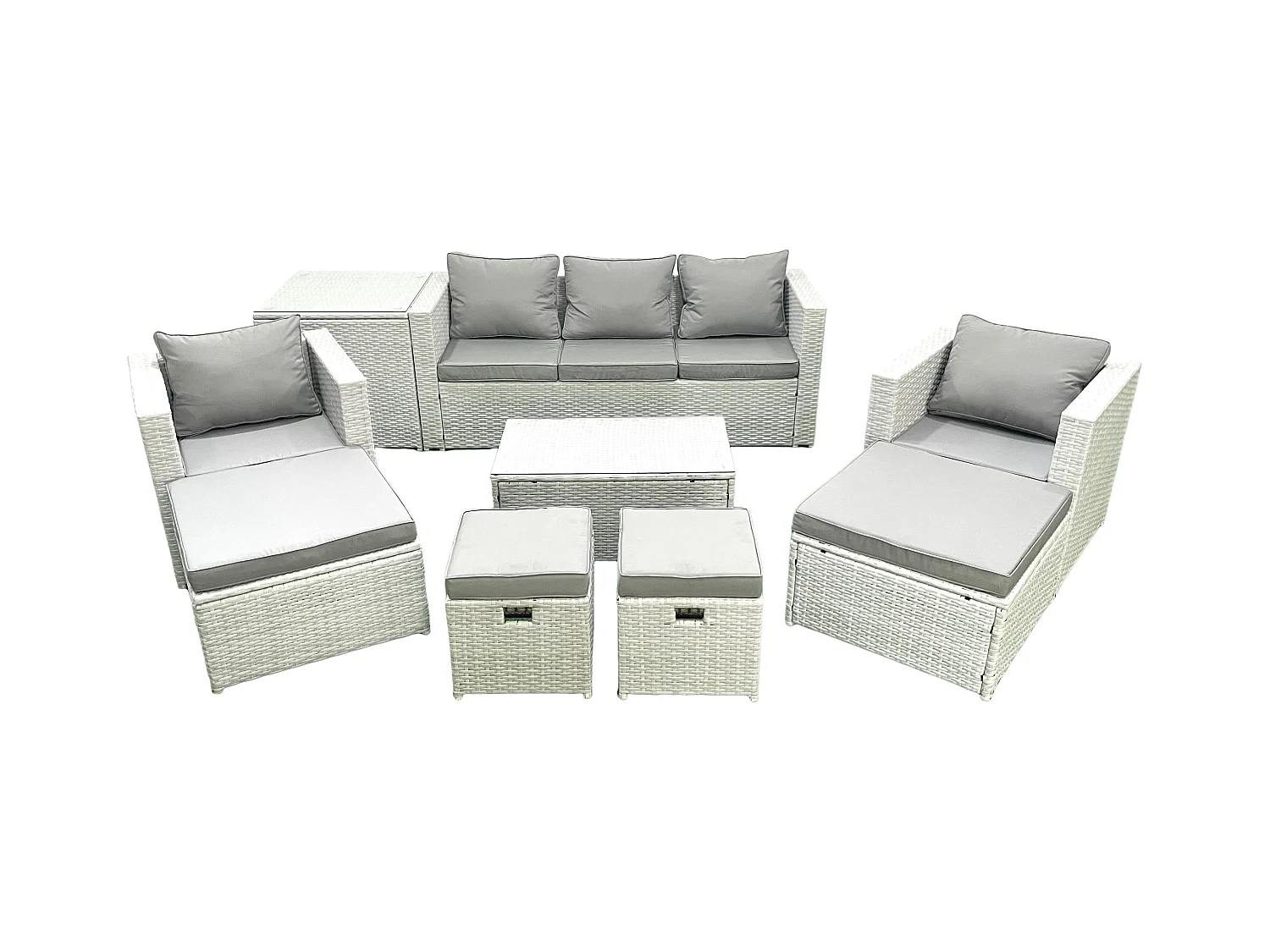 9 Pièces Salon de jardin Canapé de jardin avec Fauteuil Table basse Table d'appoint 4 Tabourets Gris clair mixte