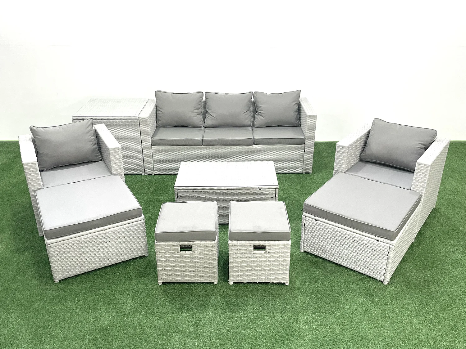 9 Pièces Salon de jardin Canapé de jardin avec Fauteuil Table basse Table d'appoint 4 Tabourets Gris clair mixte