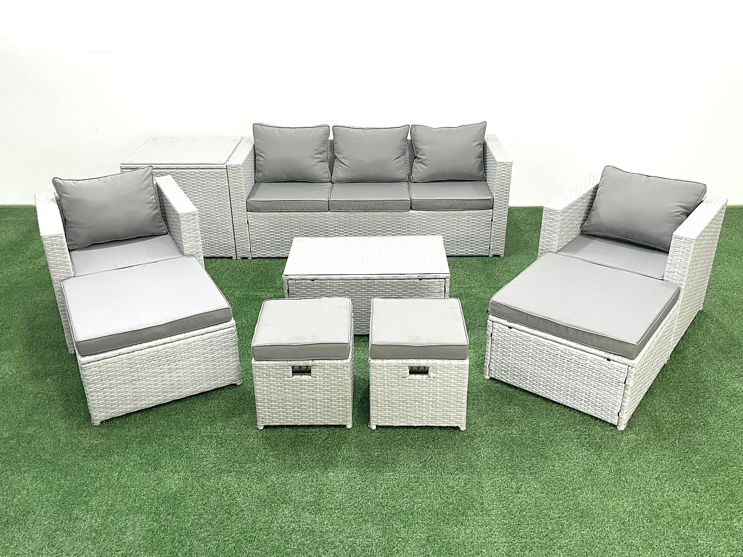 9 Pièces Salon de jardin Canapé de jardin avec Fauteuil Table basse Table d'appoint 4 Tabourets Gris clair mixte