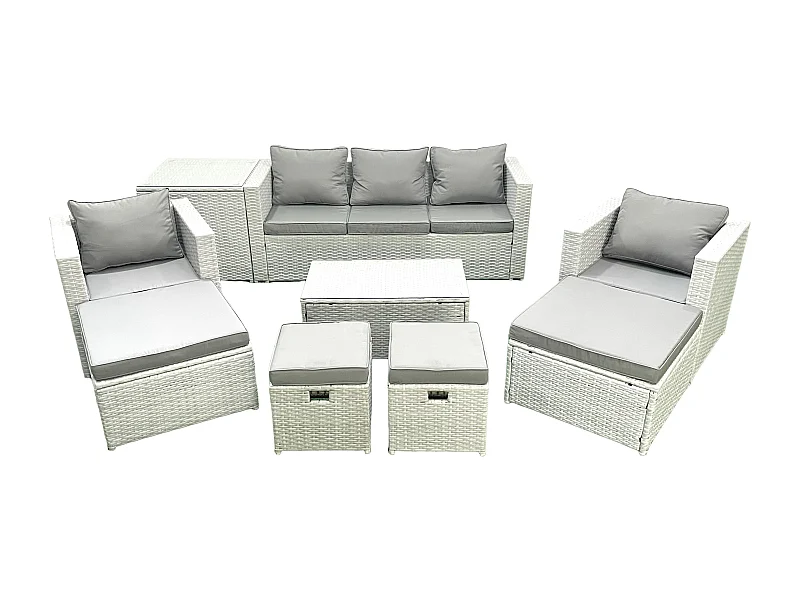 9 Pièces Salon de jardin Canapé de jardin avec Fauteuil Table basse Table d'appoint 4 Tabourets Gris clair mixte