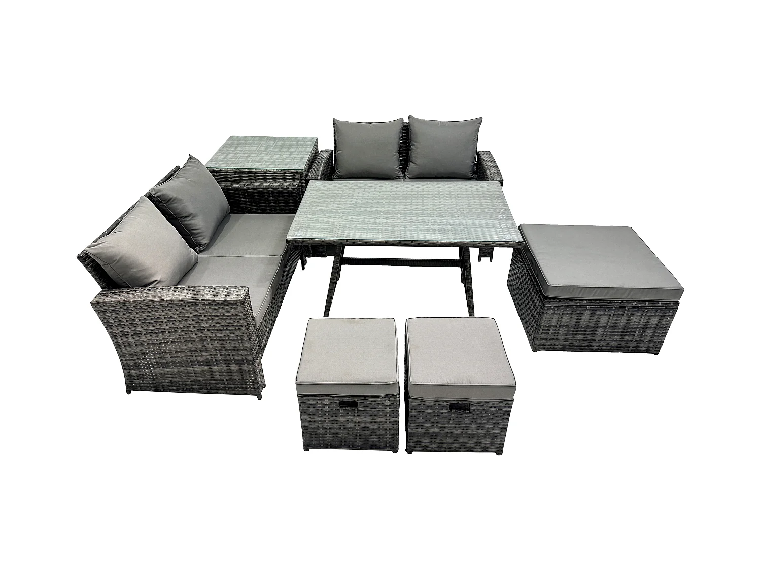 7 places Ensemble de canapé en rotin extérieur avec Table à manger rectangulaire Canapé à deux places 3 Tabourets Table d'appoint Gris foncé mixte