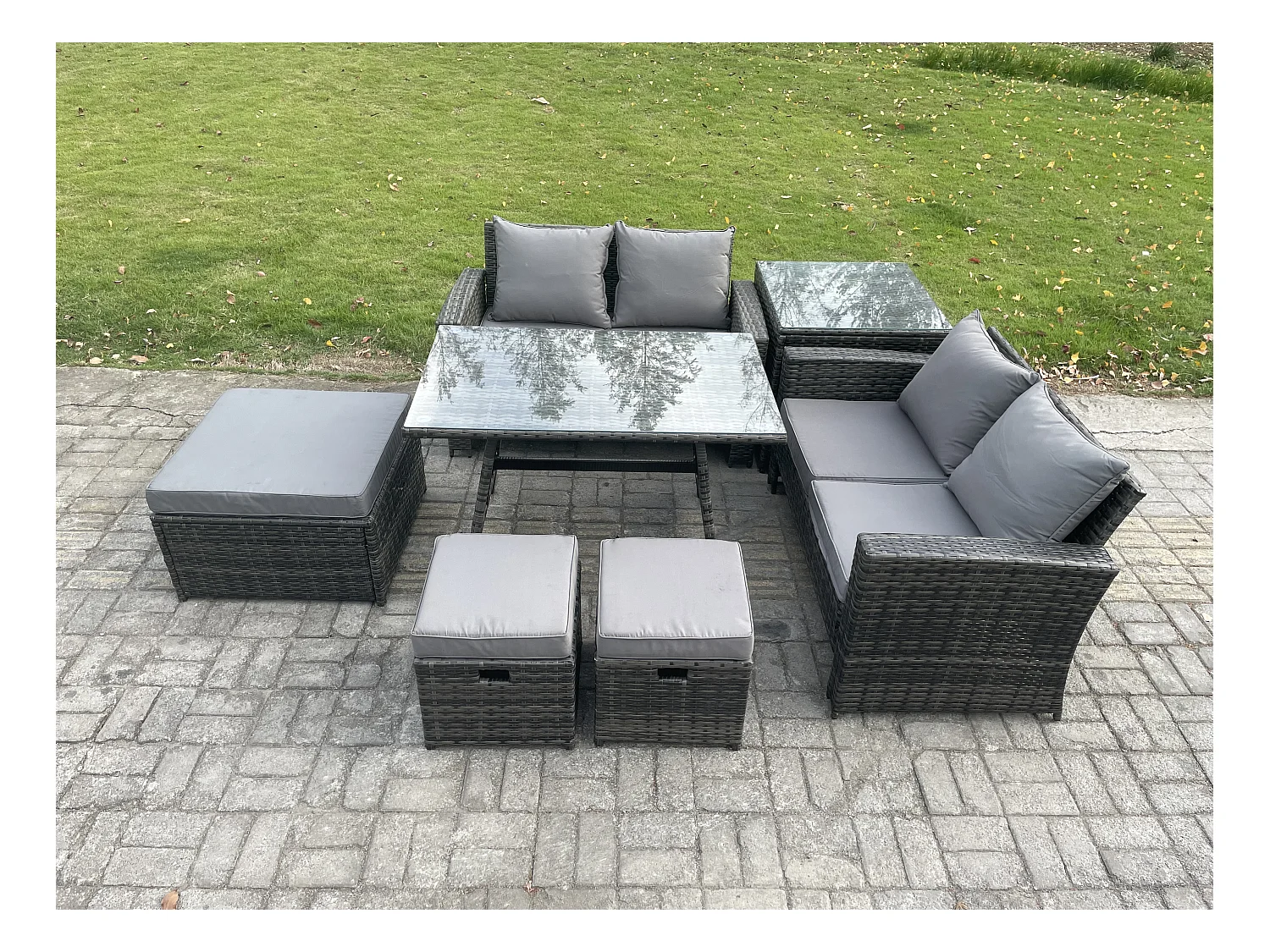 7 places Ensemble de canapé en rotin extérieur avec Table à manger rectangulaire Canapé à deux places 3 Tabourets Table d'appoint Gris foncé mixte