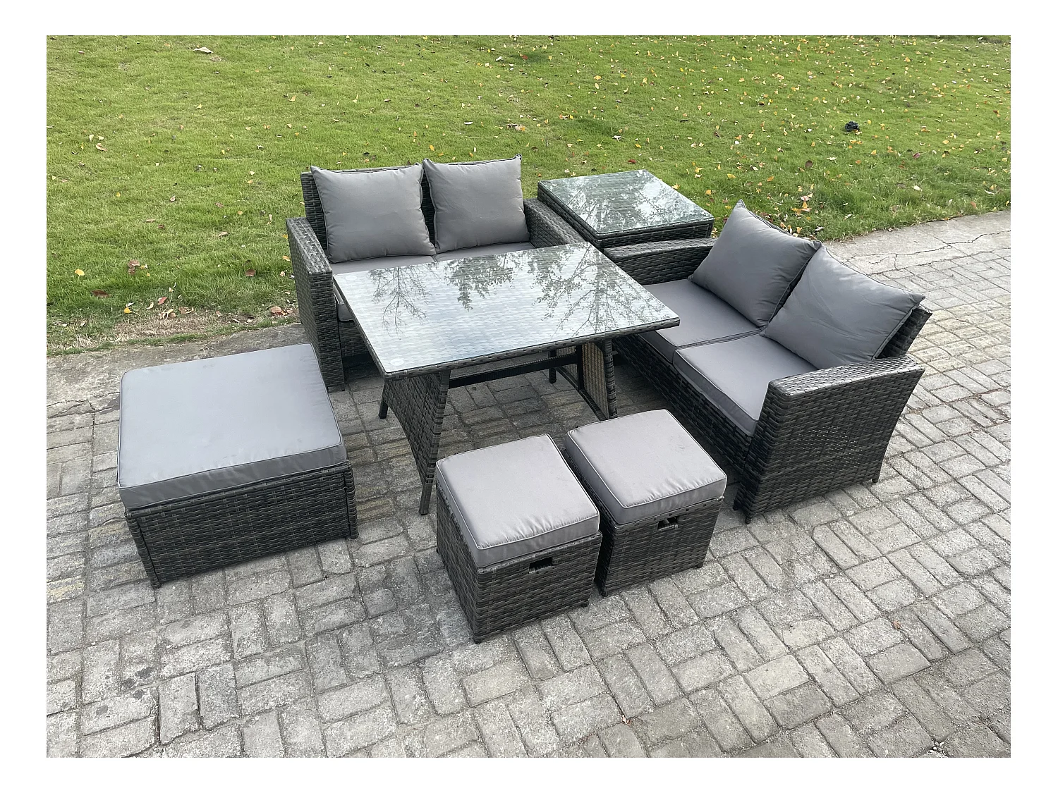 7 places Ensemble de canapé en rotin extérieur avec Table à manger rectangulaire Canapé à deux places 3 Tabourets Table d'appoint Gris foncé mixte