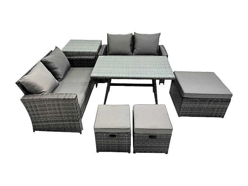 7-Sitzer Garten Esstisch Set Polyrattan Outdoor Möbel Sofa mit Rechteckiger Esstisch Doppelsitz Sofa 3 Hockern Beistelltisch Dunkelgrau Gemischt